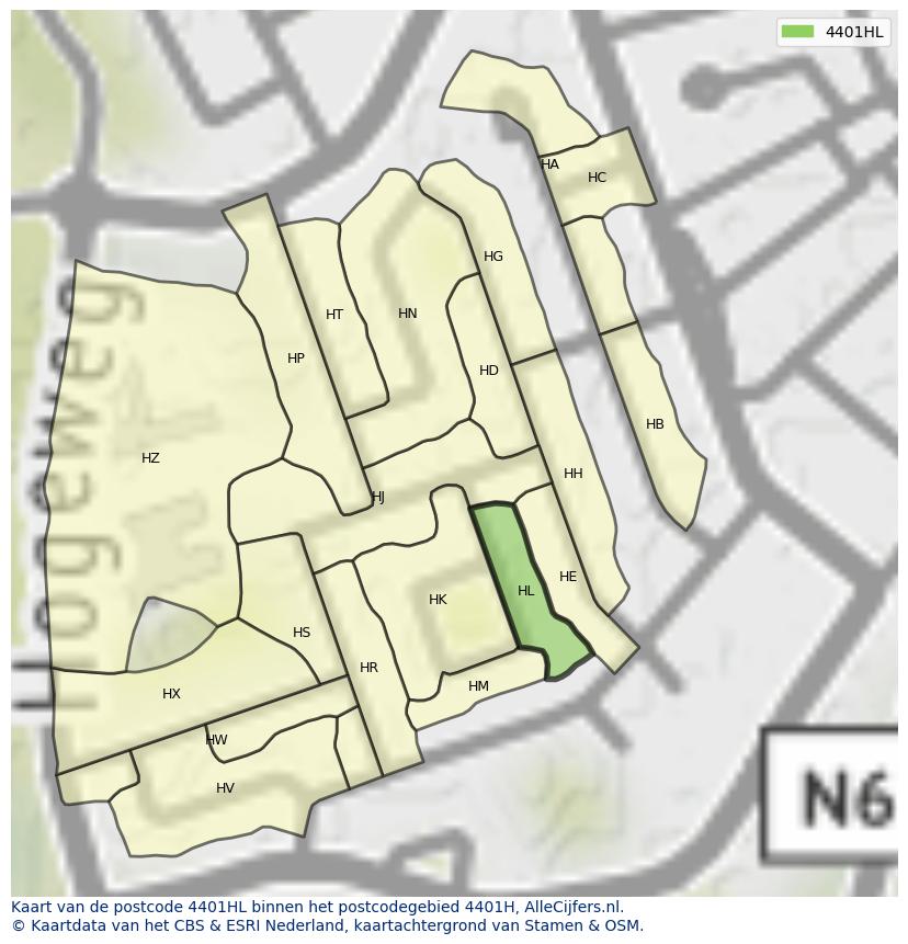 Afbeelding van het postcodegebied 4401 HL op de kaart.