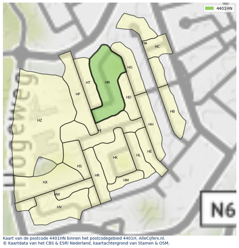 Afbeelding van het postcodegebied 4401 HN op de kaart.