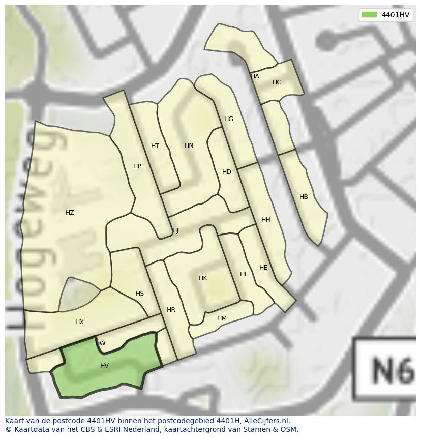Afbeelding van het postcodegebied 4401 HV op de kaart.