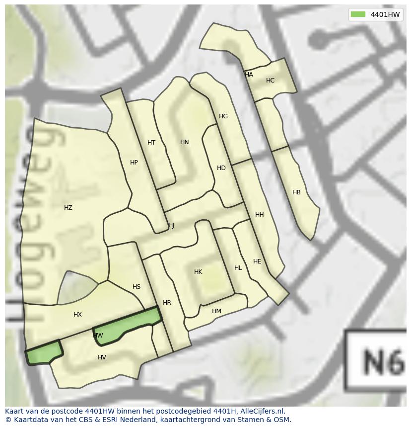 Afbeelding van het postcodegebied 4401 HW op de kaart.