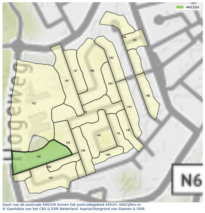 Afbeelding van het postcodegebied 4401 HX op de kaart.