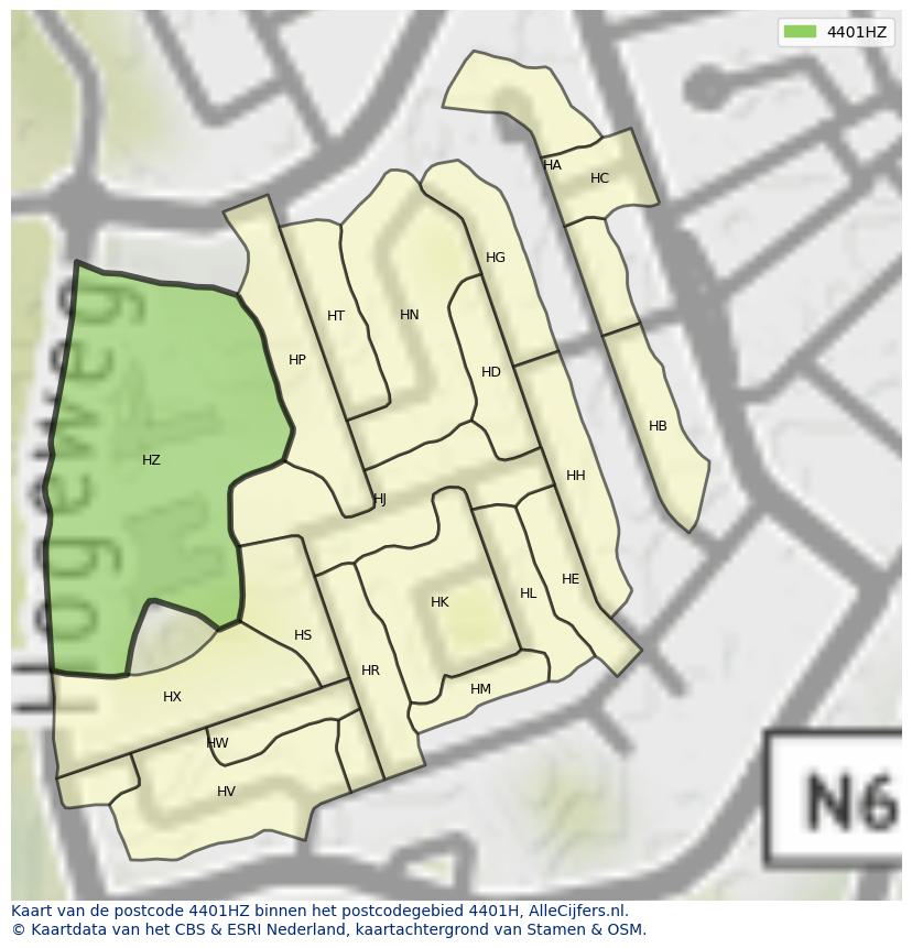 Afbeelding van het postcodegebied 4401 HZ op de kaart.