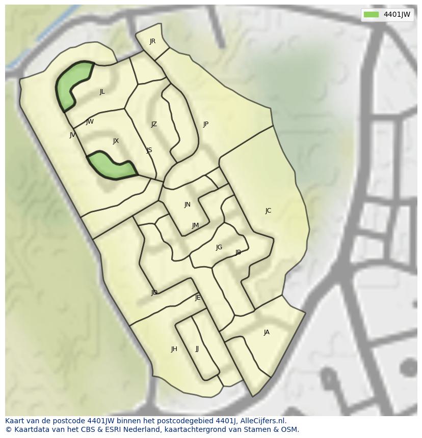 Afbeelding van het postcodegebied 4401 JW op de kaart.