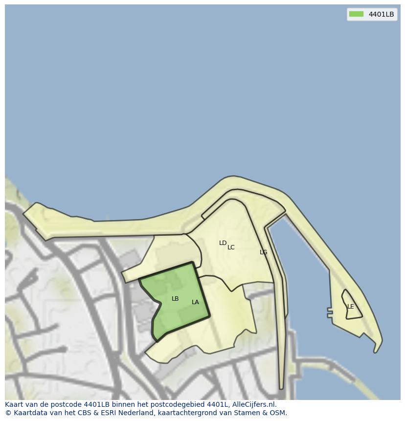 Afbeelding van het postcodegebied 4401 LB op de kaart.