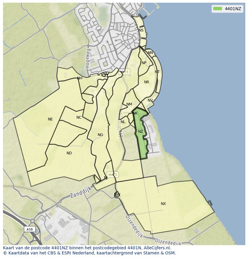 Afbeelding van het postcodegebied 4401 NZ op de kaart.