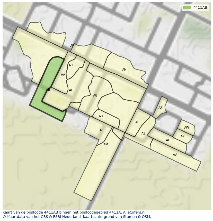 Afbeelding van het postcodegebied 4411 AB op de kaart.