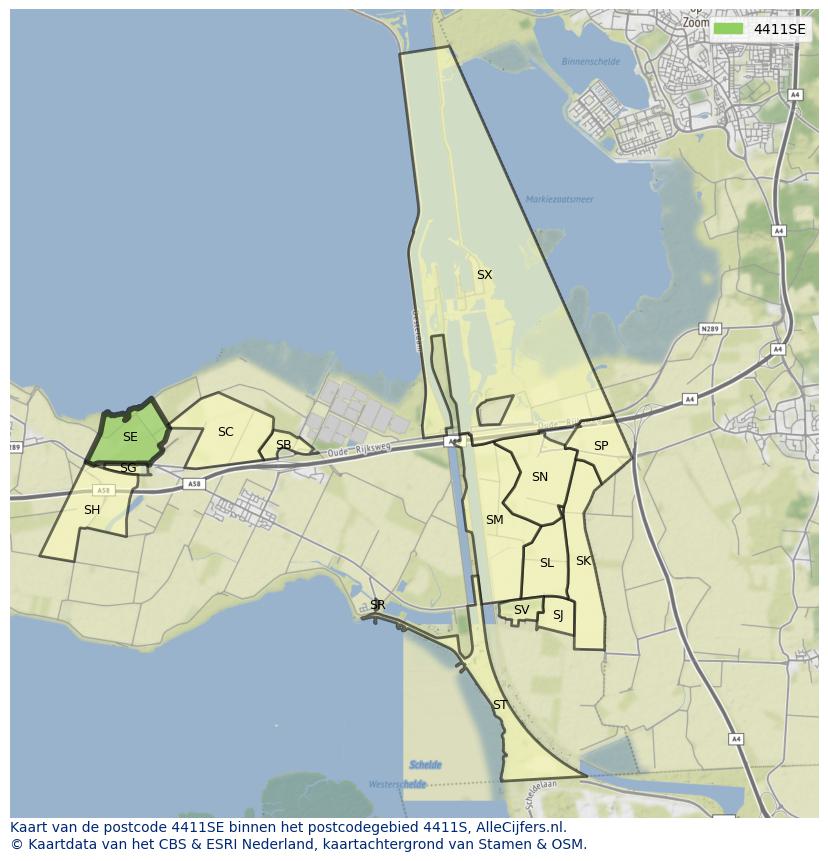Afbeelding van het postcodegebied 4411 SE op de kaart.