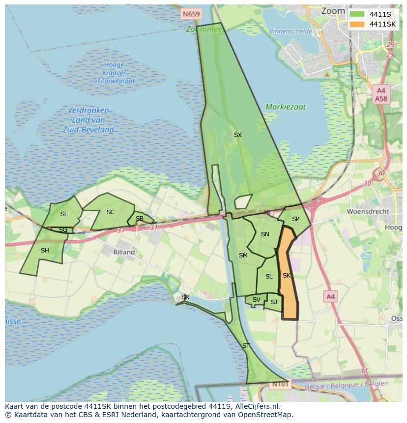 Afbeelding van het postcodegebied 4411 SK op de kaart.