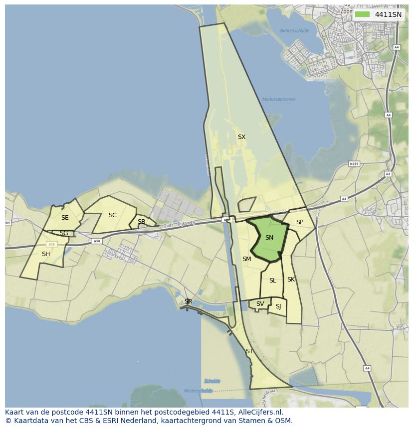 Afbeelding van het postcodegebied 4411 SN op de kaart.