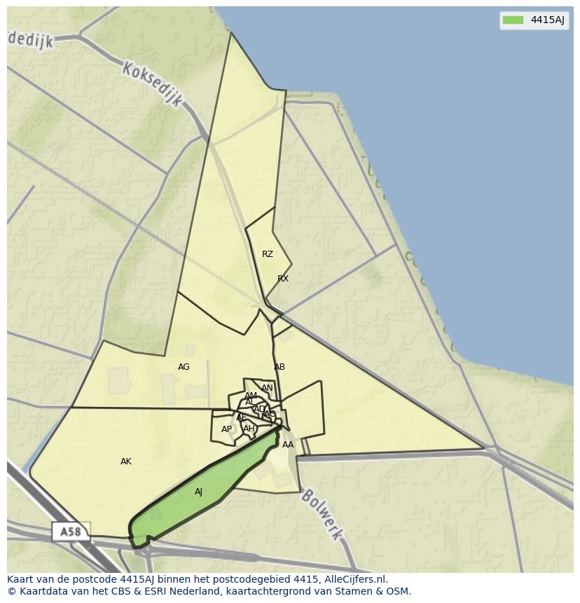 Afbeelding van het postcodegebied 4415 AJ op de kaart.