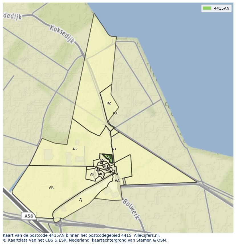 Afbeelding van het postcodegebied 4415 AN op de kaart.