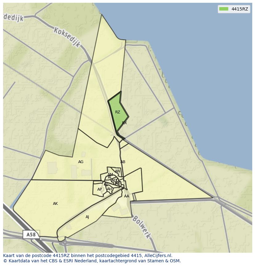 Afbeelding van het postcodegebied 4415 RZ op de kaart.