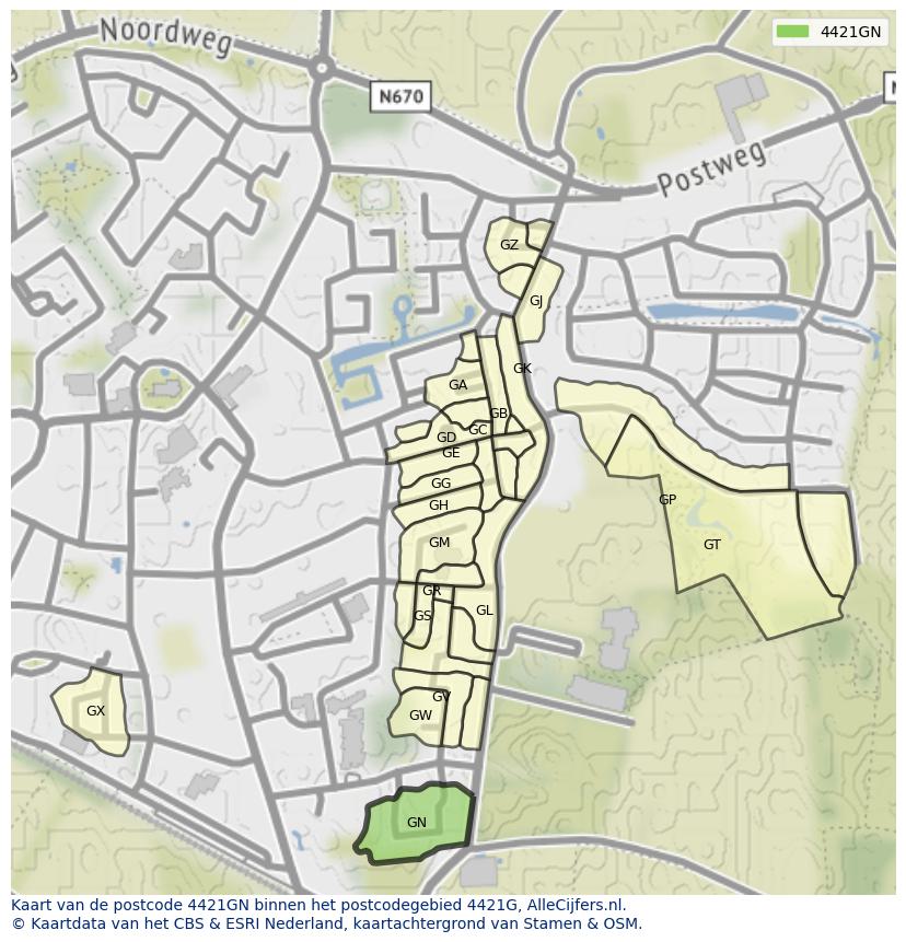Afbeelding van het postcodegebied 4421 GN op de kaart.