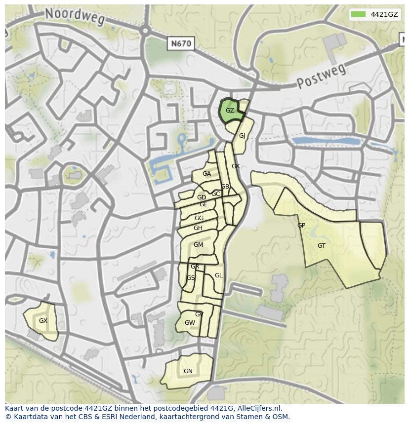Afbeelding van het postcodegebied 4421 GZ op de kaart.
