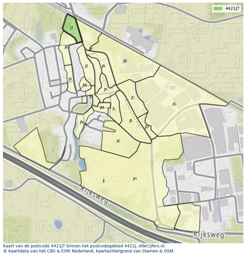 Afbeelding van het postcodegebied 4421 JT op de kaart.