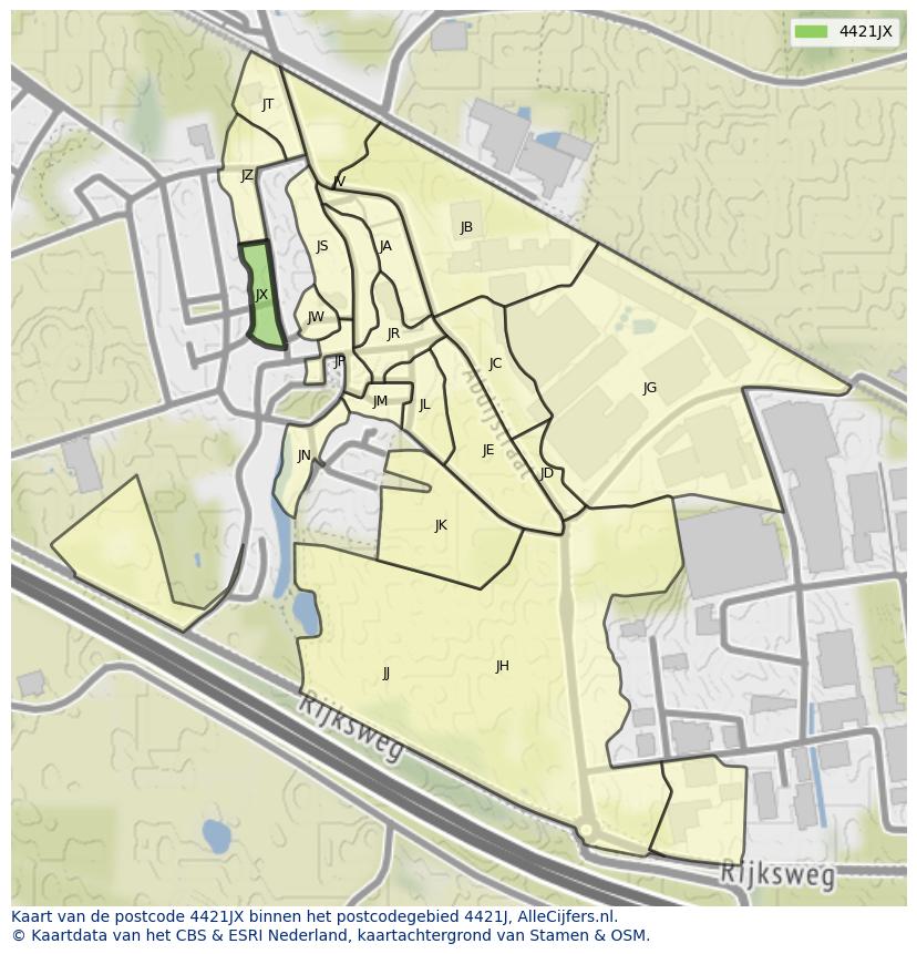 Afbeelding van het postcodegebied 4421 JX op de kaart.