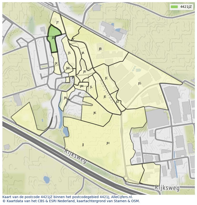 Afbeelding van het postcodegebied 4421 JZ op de kaart.