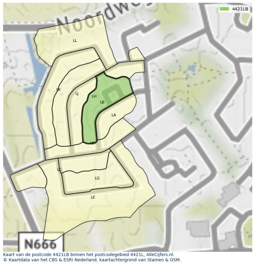 Afbeelding van het postcodegebied 4421 LB op de kaart.