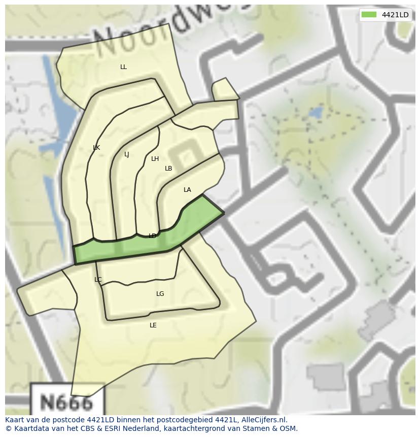 Afbeelding van het postcodegebied 4421 LD op de kaart.