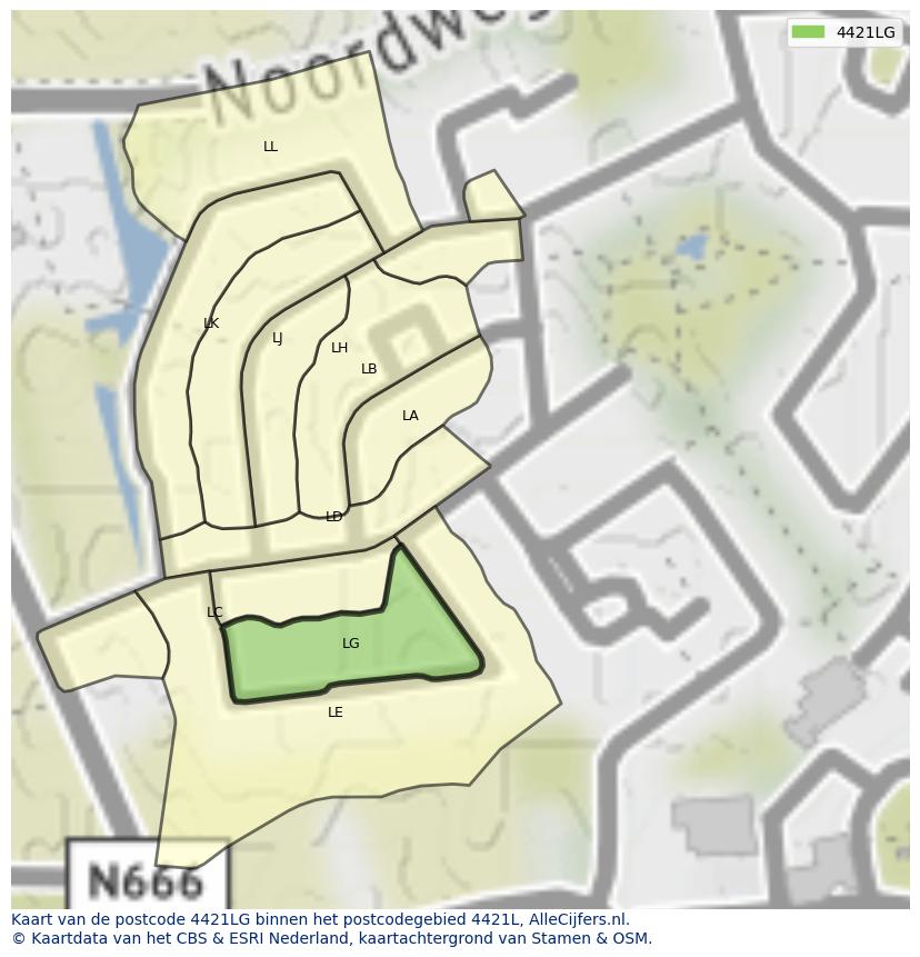 Afbeelding van het postcodegebied 4421 LG op de kaart.