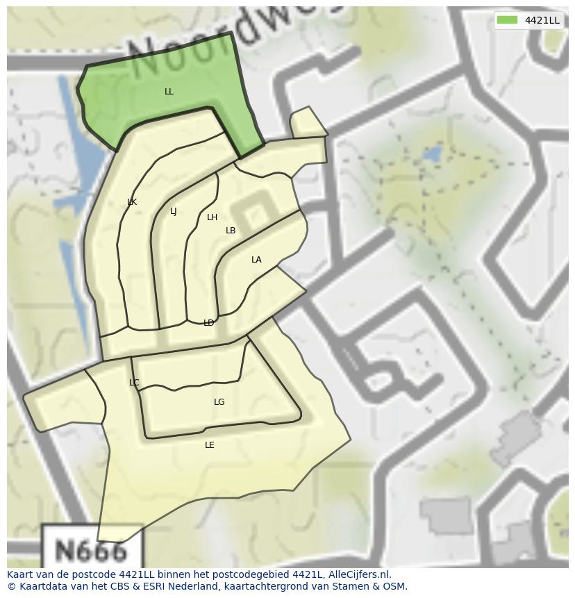 Afbeelding van het postcodegebied 4421 LL op de kaart.