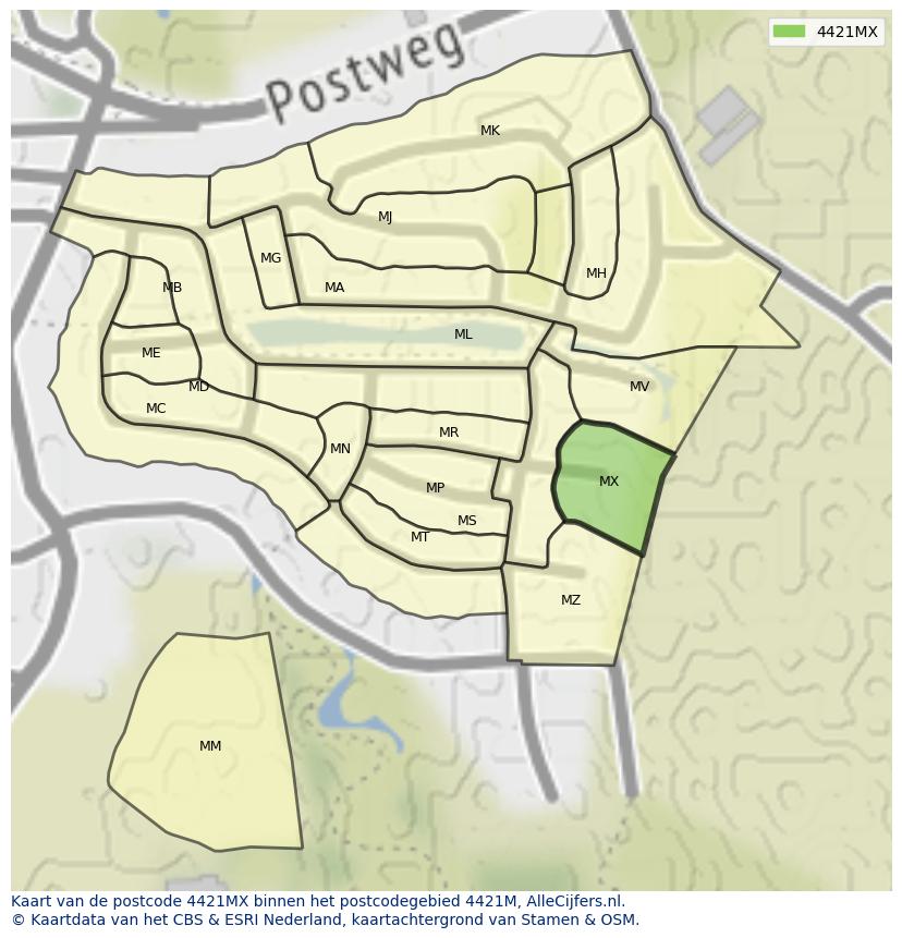 Afbeelding van het postcodegebied 4421 MX op de kaart.