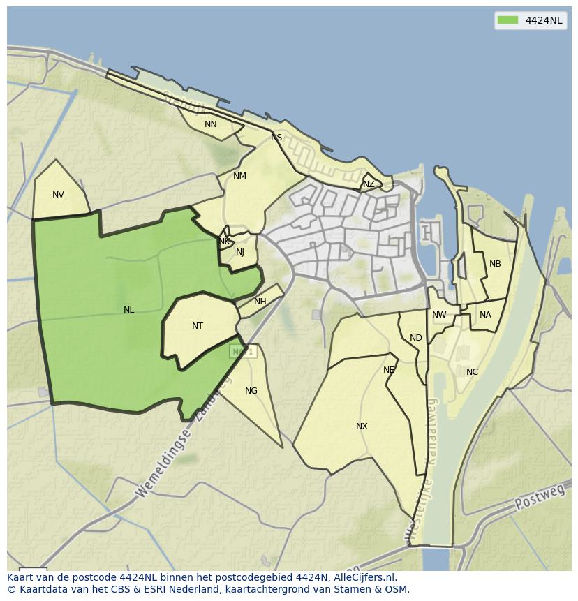 Afbeelding van het postcodegebied 4424 NL op de kaart.
