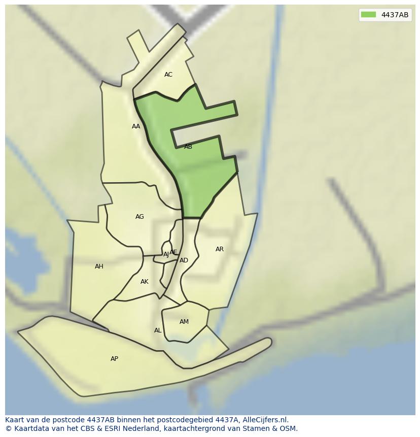 Afbeelding van het postcodegebied 4437 AB op de kaart.