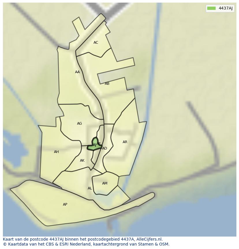 Afbeelding van het postcodegebied 4437 AJ op de kaart.