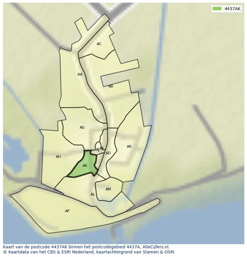 Afbeelding van het postcodegebied 4437 AK op de kaart.