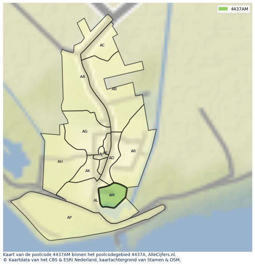 Afbeelding van het postcodegebied 4437 AM op de kaart.