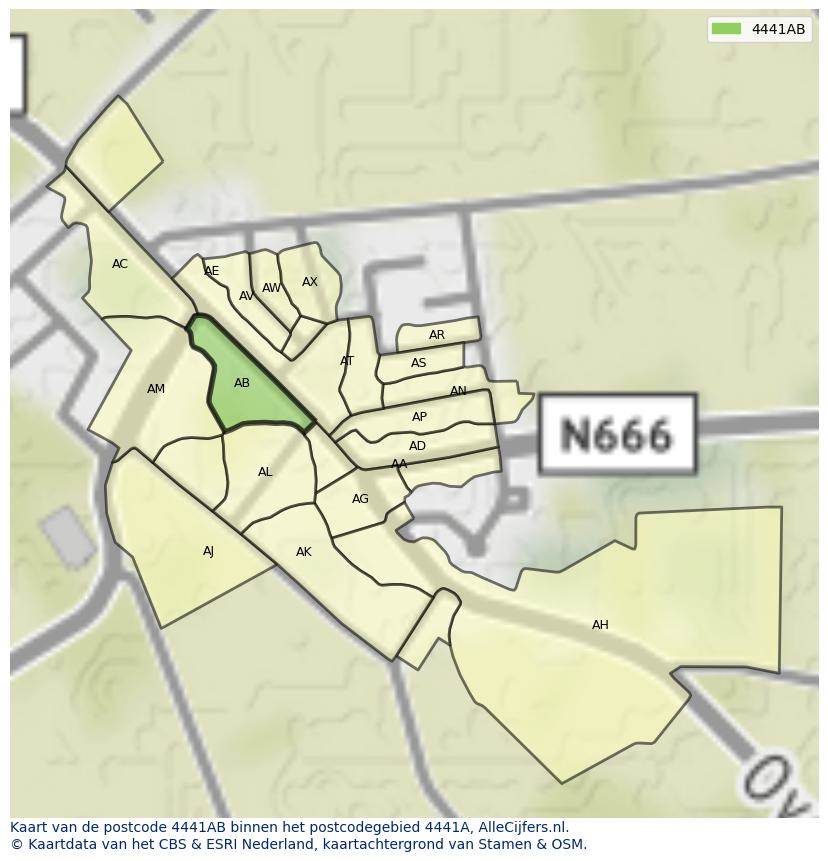 Afbeelding van het postcodegebied 4441 AB op de kaart.