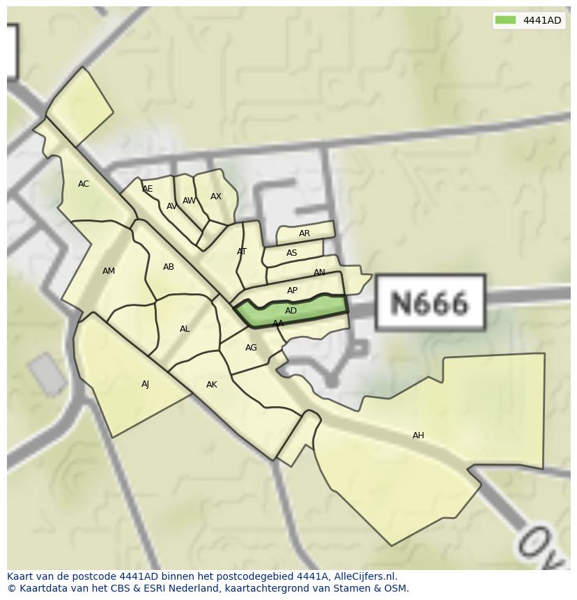 Afbeelding van het postcodegebied 4441 AD op de kaart.