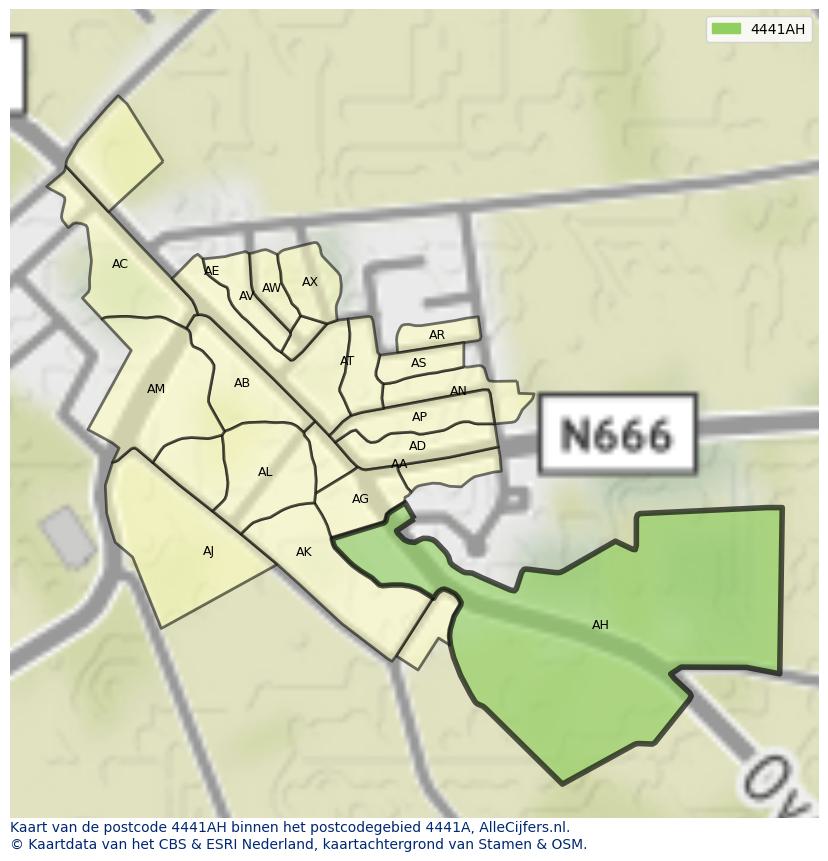 Afbeelding van het postcodegebied 4441 AH op de kaart.