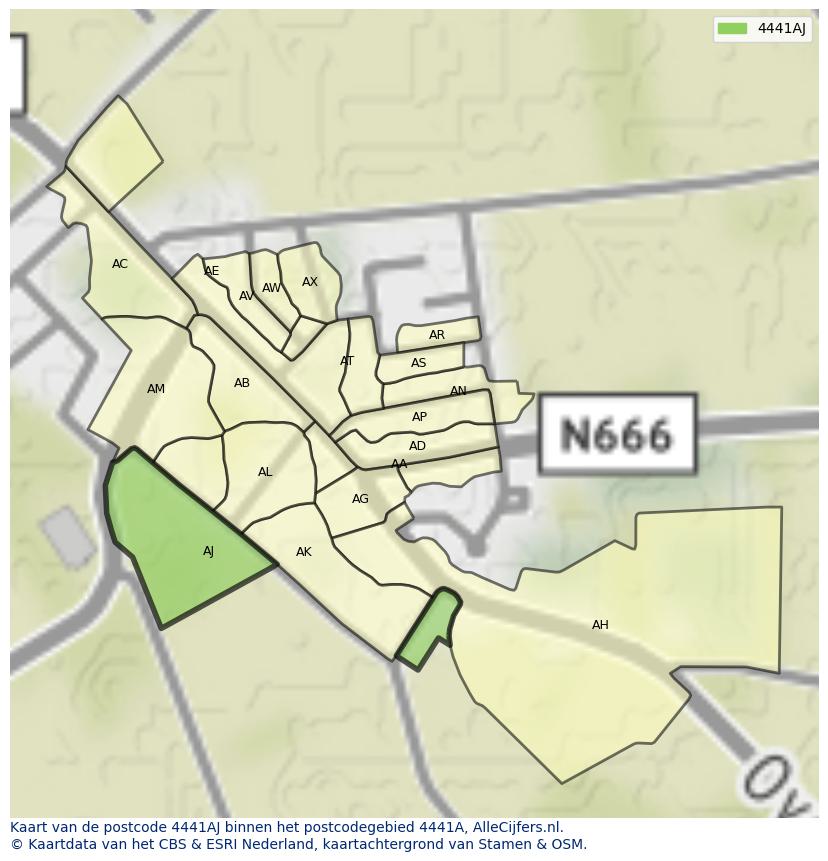 Afbeelding van het postcodegebied 4441 AJ op de kaart.