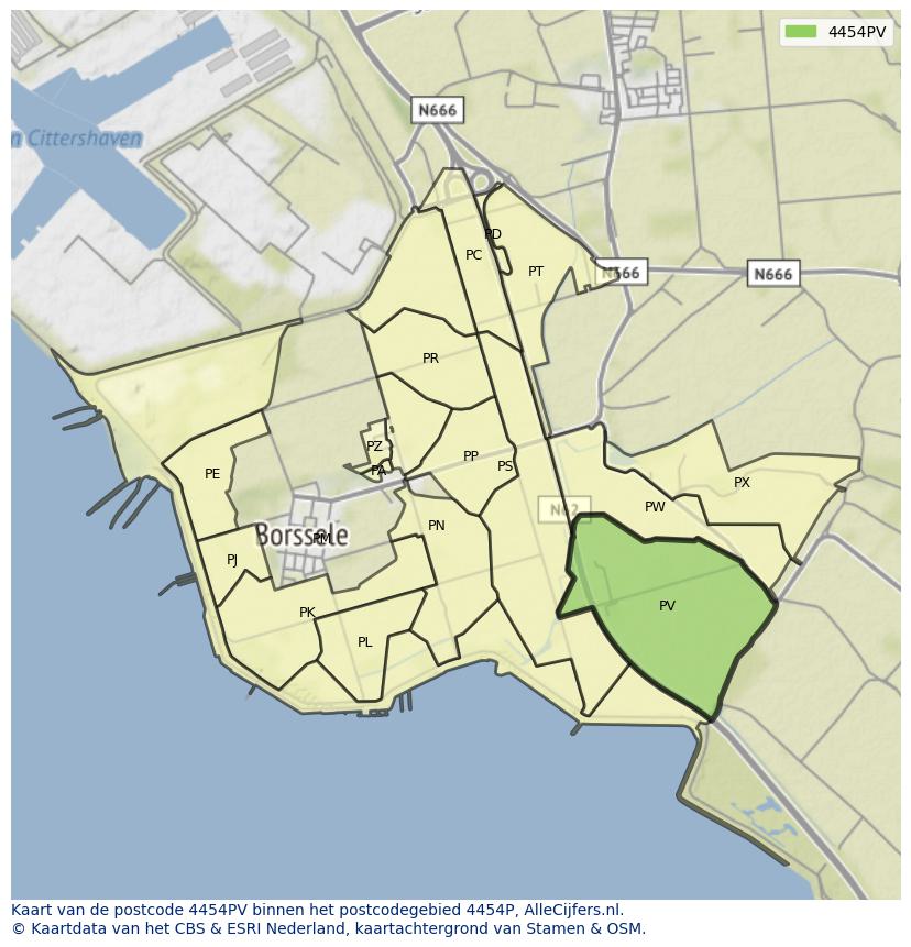 Afbeelding van het postcodegebied 4454 PV op de kaart.