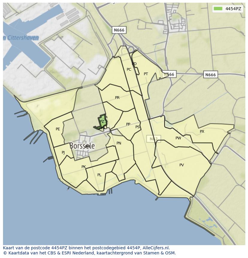 Afbeelding van het postcodegebied 4454 PZ op de kaart.
