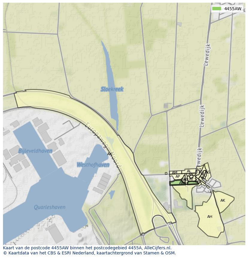 Afbeelding van het postcodegebied 4455 AW op de kaart.