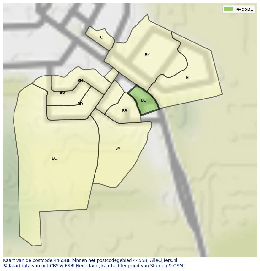 Afbeelding van het postcodegebied 4455 BE op de kaart.