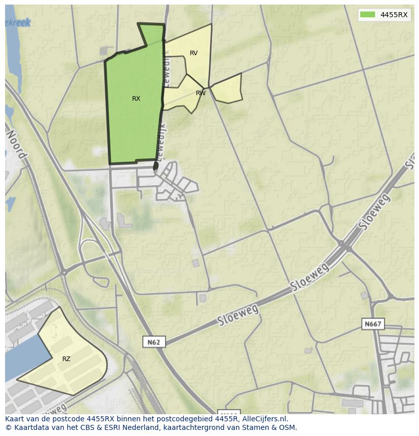 Afbeelding van het postcodegebied 4455 RX op de kaart.