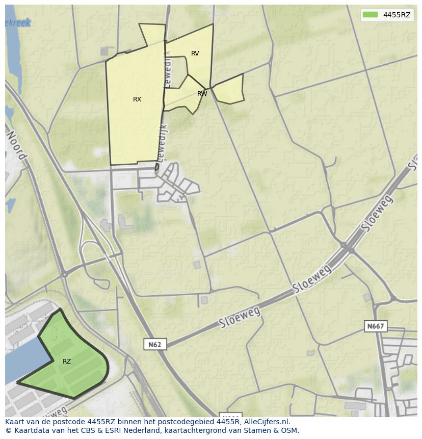 Afbeelding van het postcodegebied 4455 RZ op de kaart.