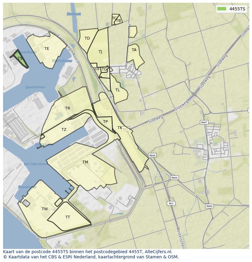 Afbeelding van het postcodegebied 4455 TS op de kaart.