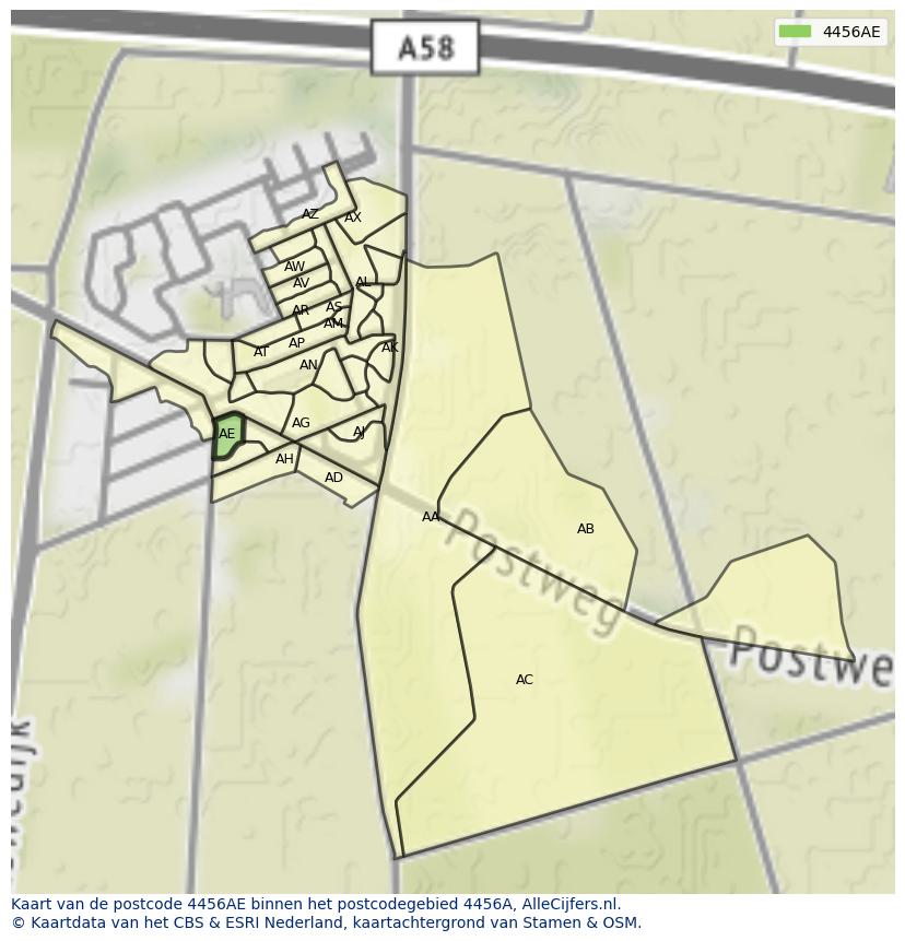 Afbeelding van het postcodegebied 4456 AE op de kaart.