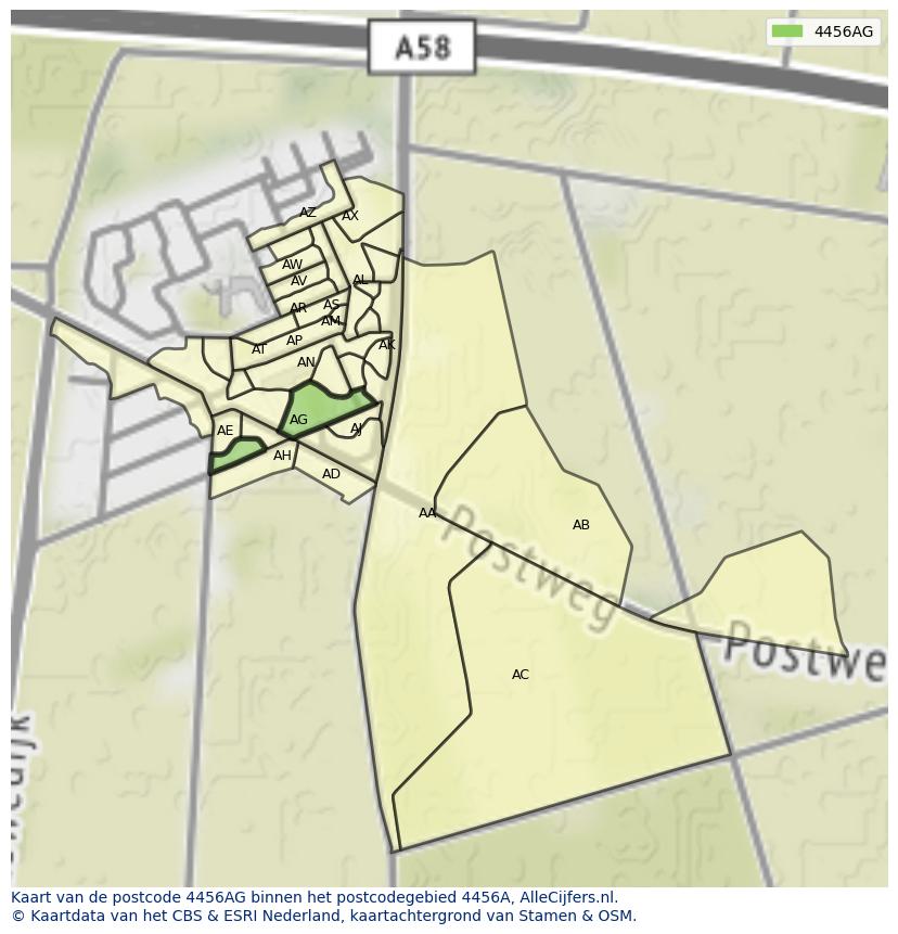 Afbeelding van het postcodegebied 4456 AG op de kaart.