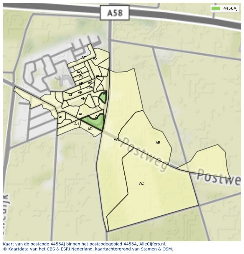 Afbeelding van het postcodegebied 4456 AJ op de kaart.
