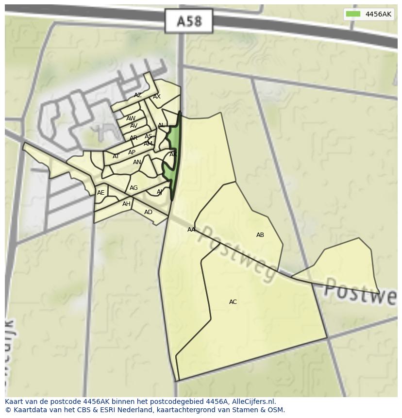 Afbeelding van het postcodegebied 4456 AK op de kaart.