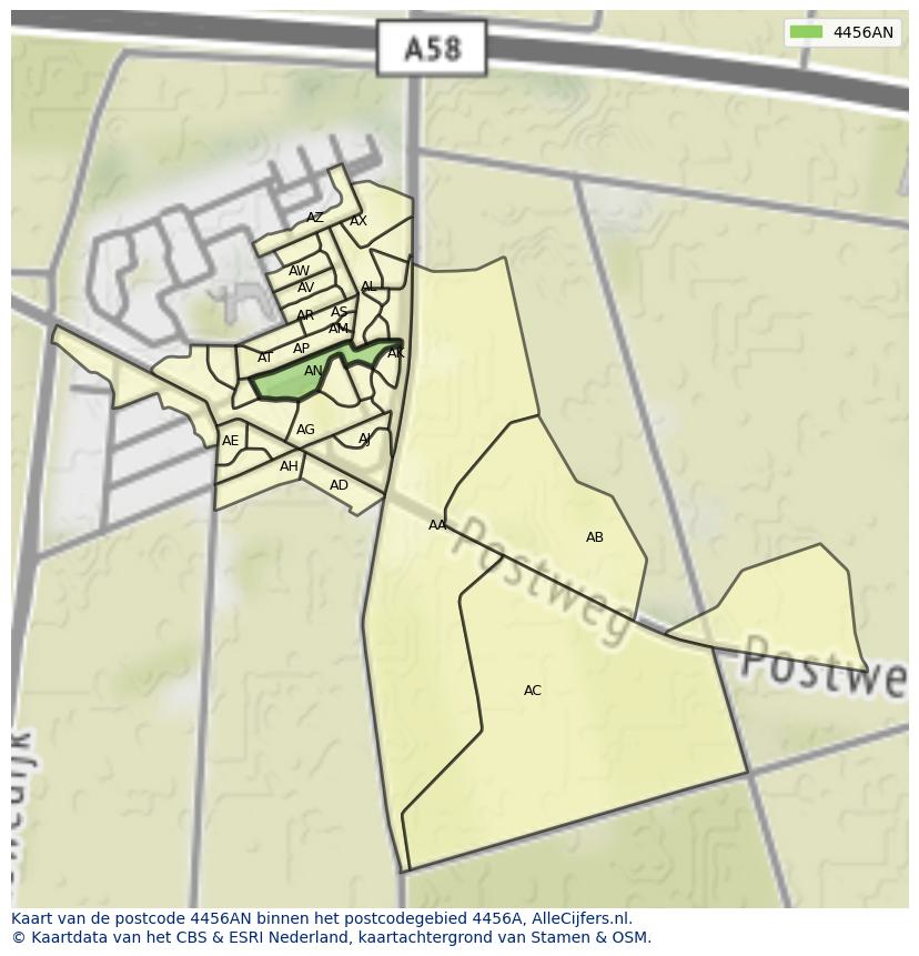 Afbeelding van het postcodegebied 4456 AN op de kaart.