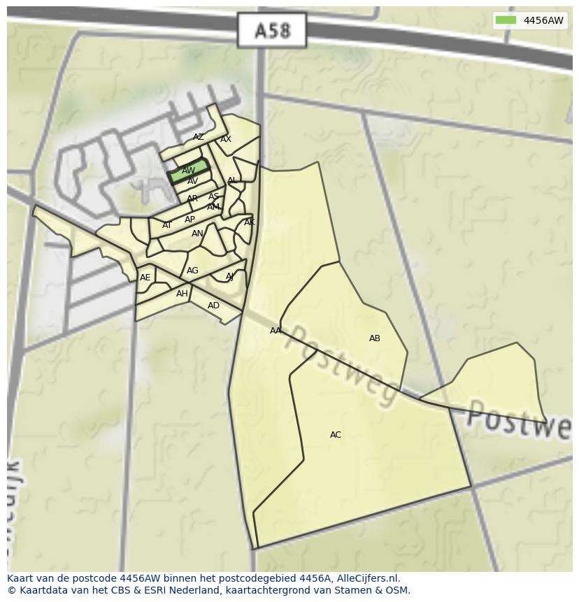 Afbeelding van het postcodegebied 4456 AW op de kaart.