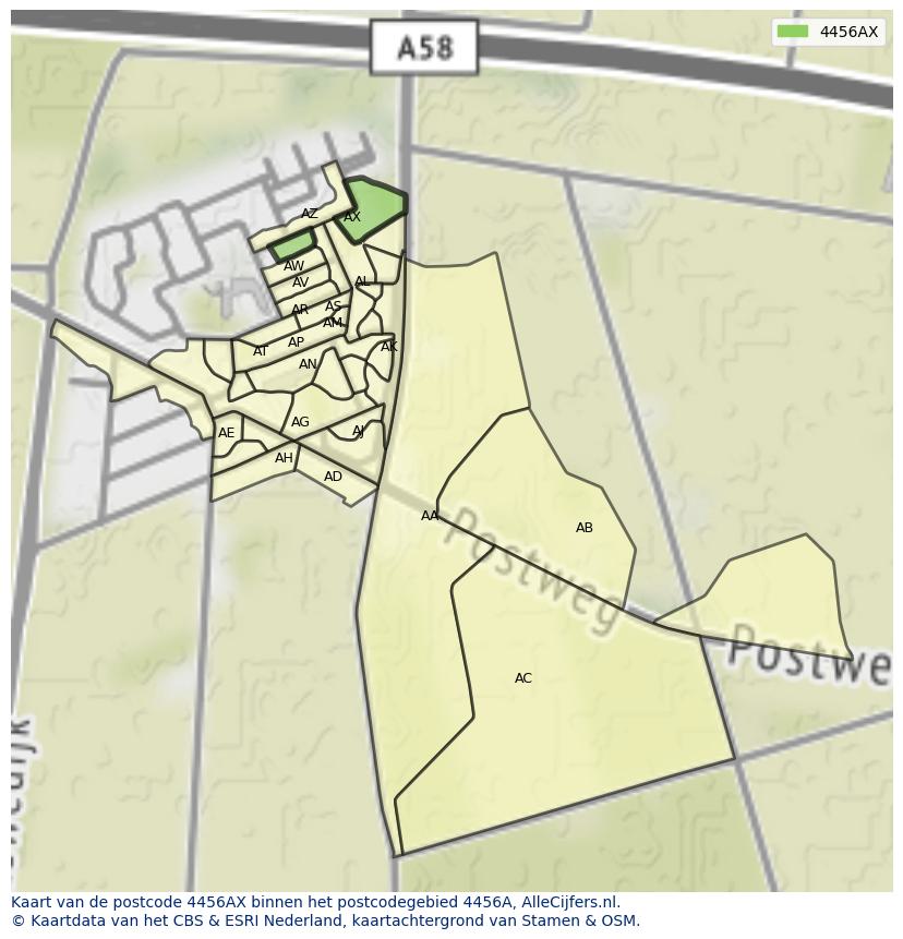 Afbeelding van het postcodegebied 4456 AX op de kaart.