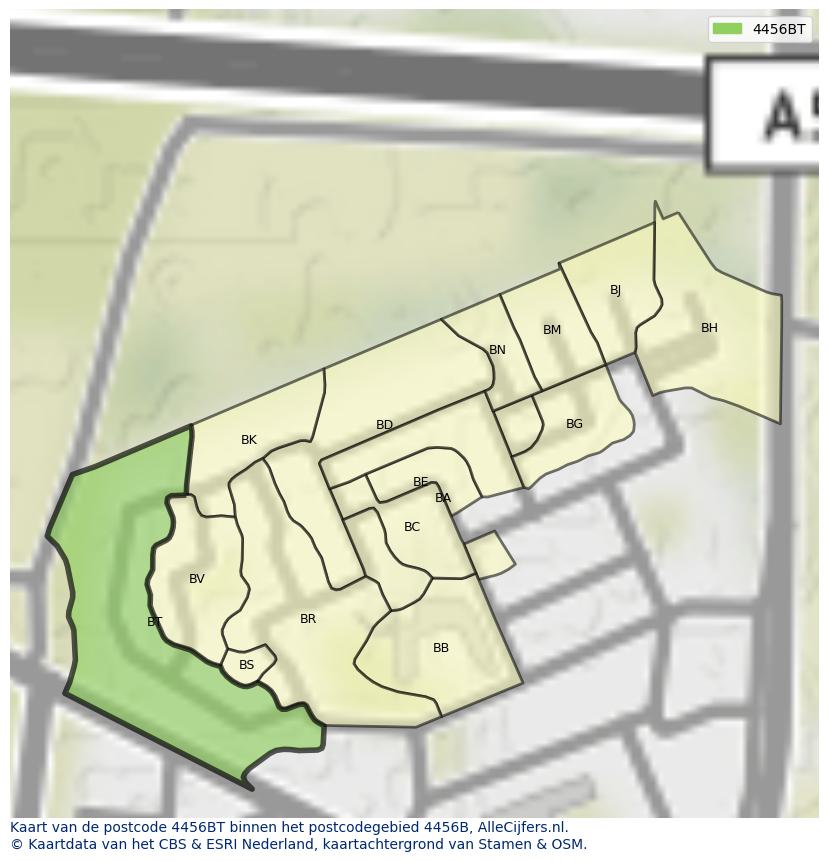 Afbeelding van het postcodegebied 4456 BT op de kaart.